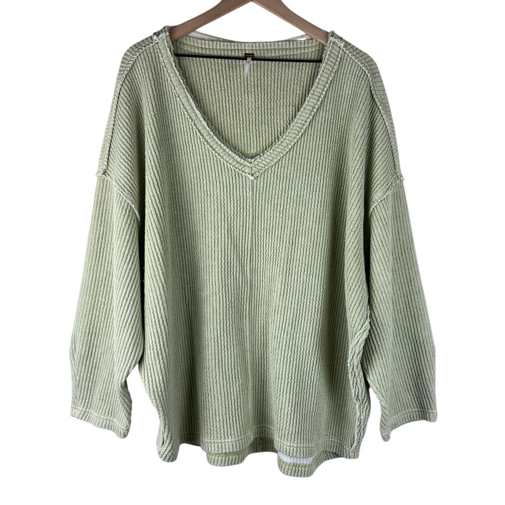 Free People Sage Green Slouchy Oversized Easy V Sweatshirt